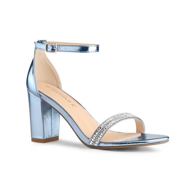 BLISSFUL STEP Women's Sandals Rhinestone Chunky Heel Ankle Strap Open Toe Party Shoes Blue 8