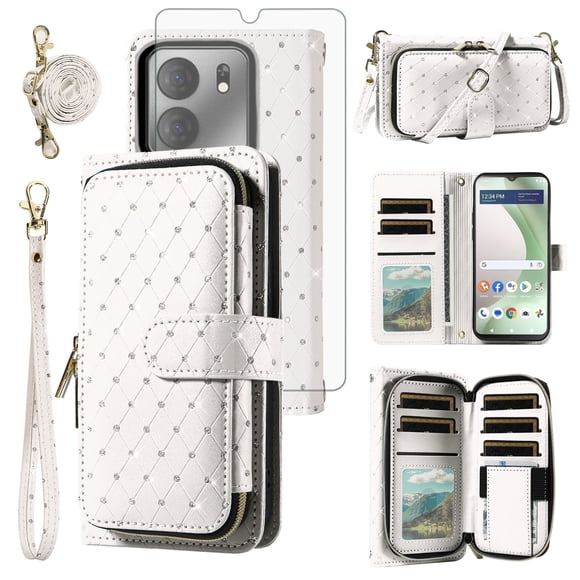 Compatible avec Troncfone BLU View 5 B160V Étui Portefeuille pour Téléphone Protecteur d'Écran en Verre Trempé Bling Bandoulière Lanière Sangle à Rabat Fermeture Éclair Porte-Cartes Étui Cellulaire pour BLUE View5 160V 2024 Femmes Blanc