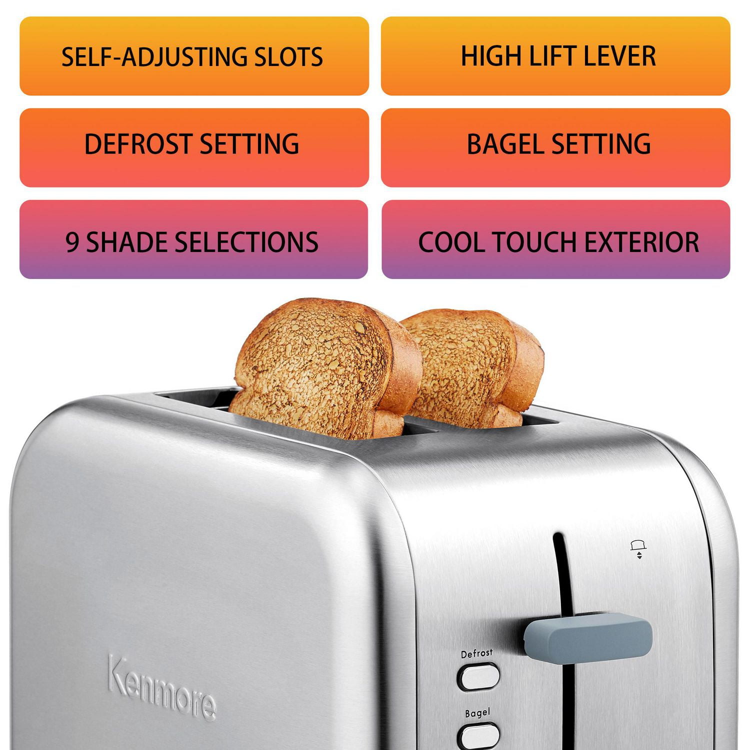 Kenmore Grille-pain 2 tranches en acier inoxydable, argent et gris, fentes extra larges, fonctions bagel et décongélation