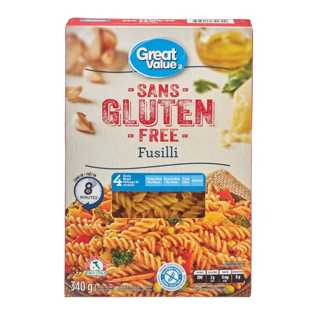 Great Value Gluten Free Fusilli 340 g box of dry gluten-free fusilli pasta made from a 4 grain blend of white rice, brown rice, corn, and quinoa. The packaging highlights an 8-minute cooking time and shows a serving suggestion with cooked fusilli and vegetables, ideal for gluten-free diets.