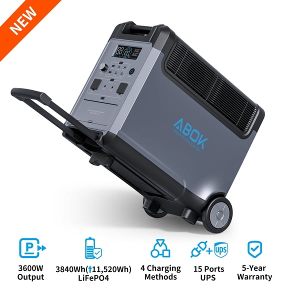 ABOK 3600W Solar Generator (4500W Peak), 3840Wh LiFePO4 Battery Backup for Home Power Outage, Silent Indoor Generator for Furnace, Heater, Fridge & RV, Expandable to 11.5kWh, Fast Charging UPS