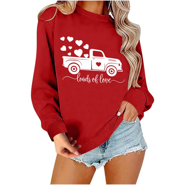 Penkiiy Chandail en Molleton de la Saint-Valentin pour Femmes Imprimé Cœur d'Amour Pull Décontracté à Manches Longues Blouse de la Saint-Valentin TP Rouge