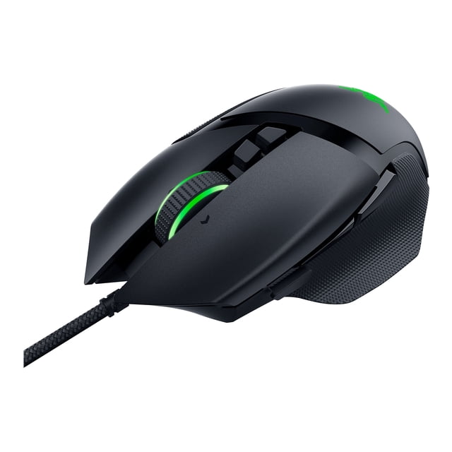 Razer Basilisk V3 26000 DPI Optical Gaming Mouse in black with ergonomic design, textured grip on the right side, braided USB cable, green illuminated scroll wheel, and 11 programmable buttons for precise gaming control.