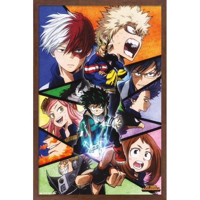 My Hero Academia - Visages Affiche Murale, 22,375 Pouces x 34 Pouces Mettant en Vedette Plusieurs Personnages d'Anime de la Série Arrangés en Panneaux Triangulaires Dynamiques avec des Arrière-Plans Bleu, orange, Vert, Jaune et Violet Vibrants. le Personnage central Porte un costume de Héros Vert et Noir avec des Effets d'Électricité Bleu Lumineux. l'Affiche Lustrée Est Encadrée en Bois Brun, Convient à la Décoration Murale de Chambre, Dortoir Ou Bureau.