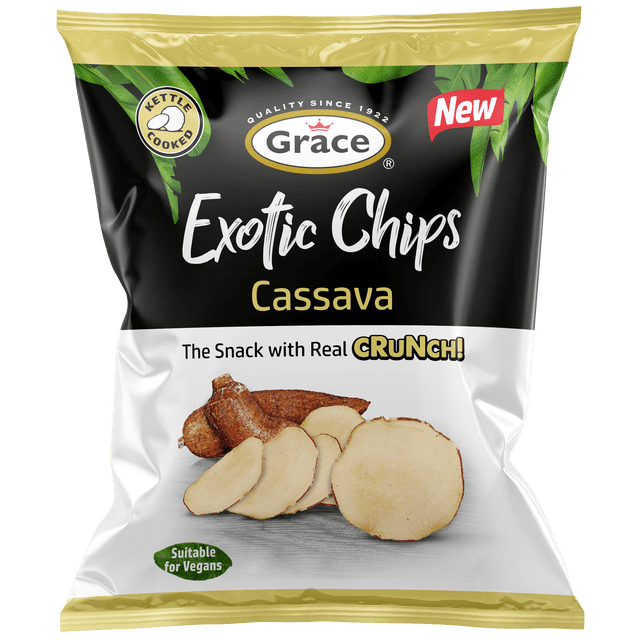 Grace Exotic Cassava Chips 75 g bag featuring kettle cooked thinly sliced cassava root chips on black and white packaging with green leaf accents. The crunchy snack is suitable for vegans and ideal for dipping or light snacking.
