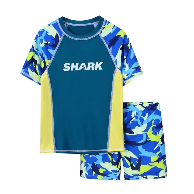 PMVFHDE Boys' Quick-Dry Two-Piece Swim Set Short Sleeve Rash Guard and Trunks with UPF 50+ Sun for Beach Pool Hot Spring Activities Blue,7-8 Years