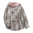 thumbnail image 2 of Cardigan à Carreaux à Capuche pour Femmes, Chemise Décontractée Boutonnée, Veste, Haut, 2 of 8