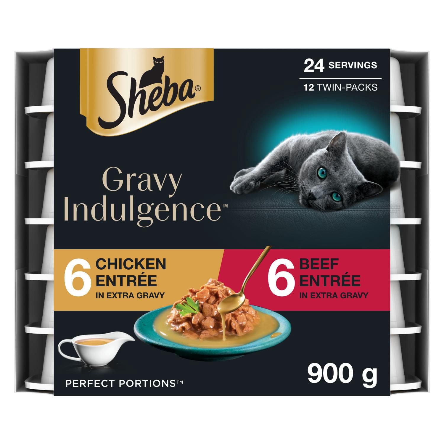 Nourriture humide pour chats adultes SHEBA GRAVY INDULGENCE PERFECT PORTIONS en format variété, repas au poulet et repas au bœuf dans une généreuse sauce