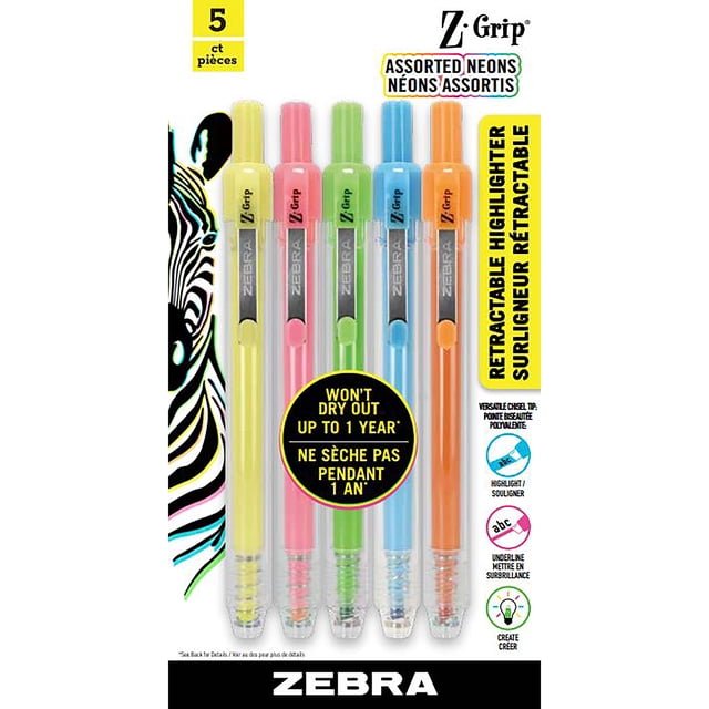 Z-GRIP HIGHLIGHTER Lot de 5 Surligneurs Néon Rétractables Jaunes, Roses, Verts, Bleus et orange avec Embouts Biseautés, Conçus pour Résister à l'Égouttage jusqu'à un An, Idéal pour Mettre en Valeur des Textes et des Projets Créatifs au Bureau et à l'École.