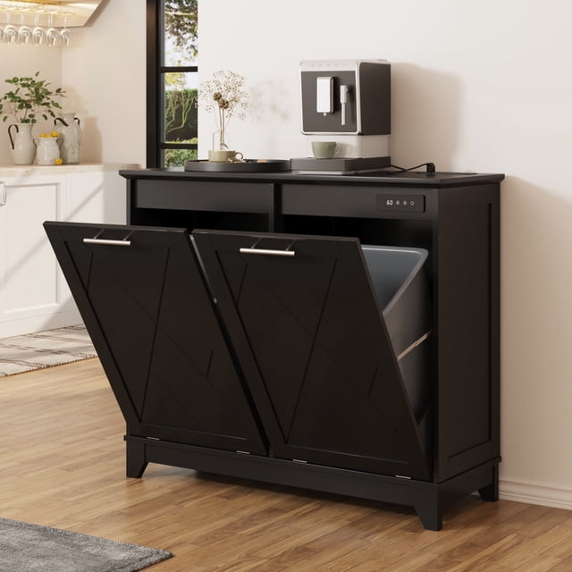 Vabches Double Tilt Out Trash Cabinet in black, designed for 10-gallon trash bins with two tilt-out compartments, a built-in charging station with outlets, USB, and Type-C ports, and a deodorizing function for odor control. Made of durable MDF wood, it supports up to 35 lb and offers a display-ready top for kitchen appliances. Suitable for kitchens, dining rooms, and spaces requiring discreet garbage disposal and recycling solutions.