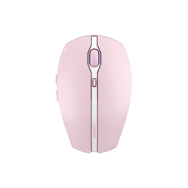 Cherry GENTIX BT Wireless Bluetooth Mouse in cherry blossom pink, top view showing ergonomic shape, 7 buttons including DPI switch for 1000/2000 dpi, blue illuminated scroll wheel, and white center strip with Cherry branding, supporting Bluetooth 5.0 multi-device connection.