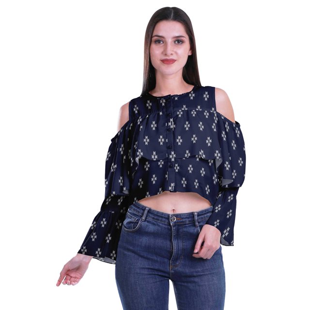 Moomaya Printed Casual Long Sleeve Tops Women Cold Shoulder Ruffle Sleeves Top