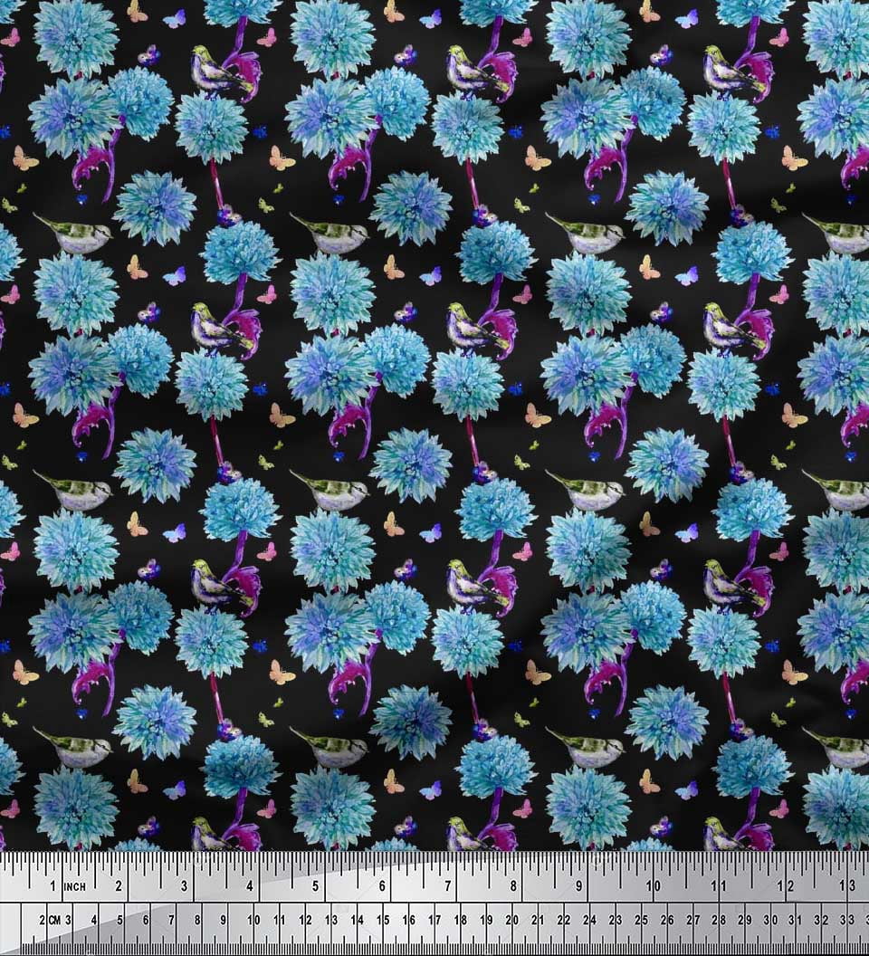 Soimoi Blue Silk Fabric American Robin,Insect & Flower Fabric Prints by Yard 42 Inch Wide