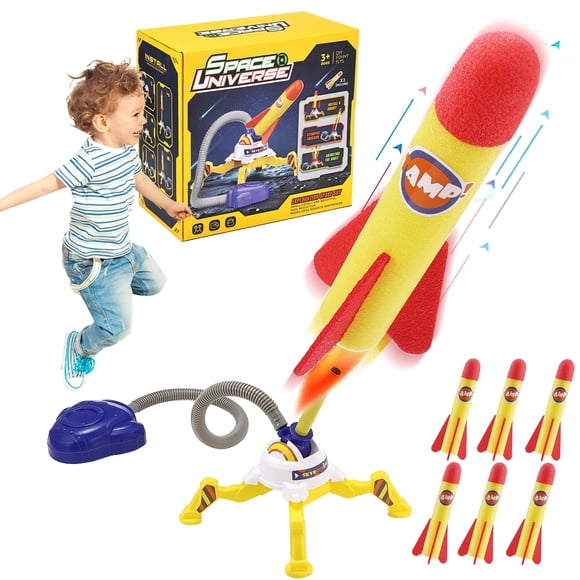 Anpro Ensemble de Lance-Roquettes Jouet pour Enfants, Jouets de Fusée d'Extérieur avec 6 Fusées + Lanceur s'Éléve à 100 Pi pour Garçons Ou Filles de 3+ Ans, Cadeau Jouet, Jaune