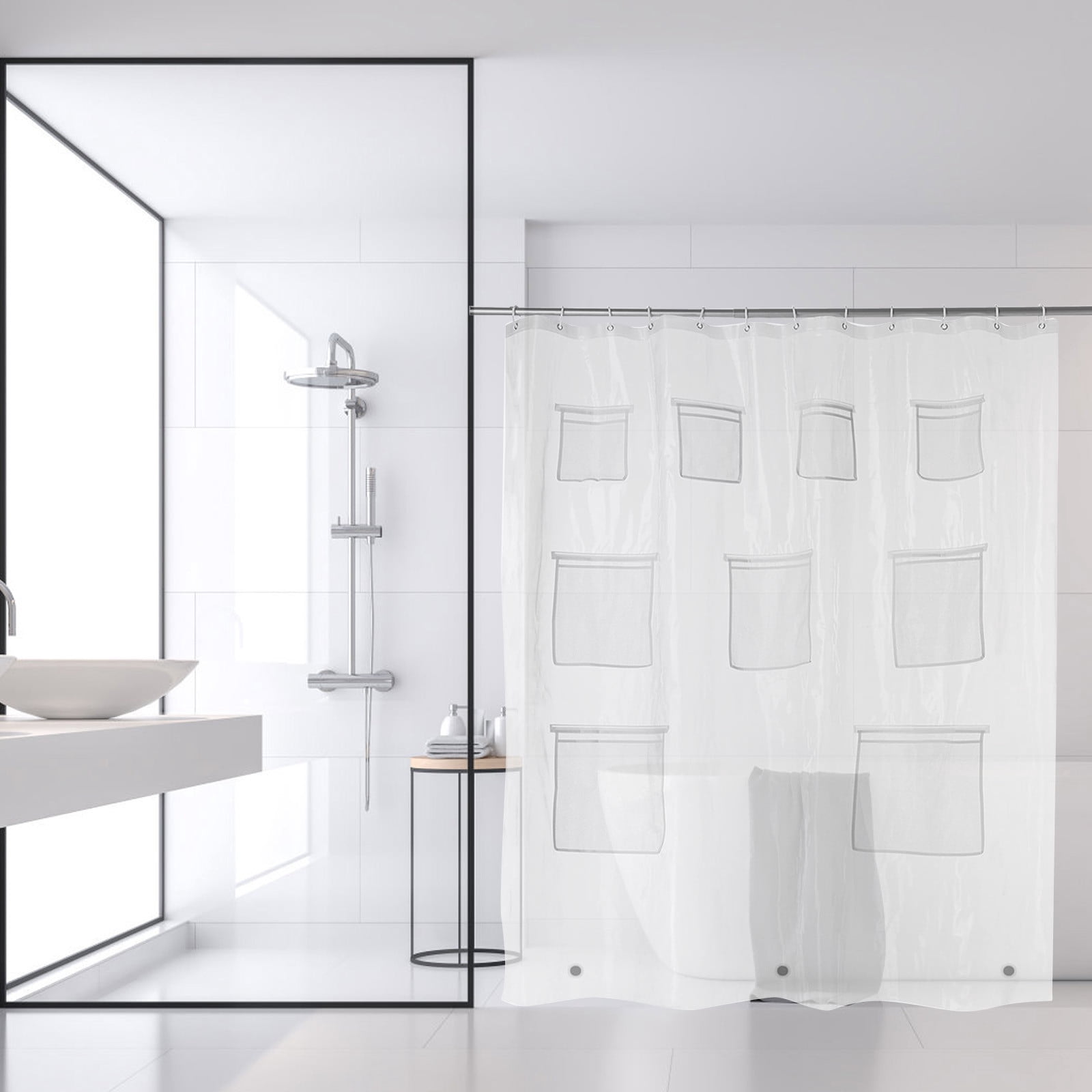 Dvkptbk White Shower Curtain with Pockets, Farmhouse Shower Curtains for Bathroom, Soft Thick Bath Curtain Hotel Quality, Light-Weight & Machine Washable