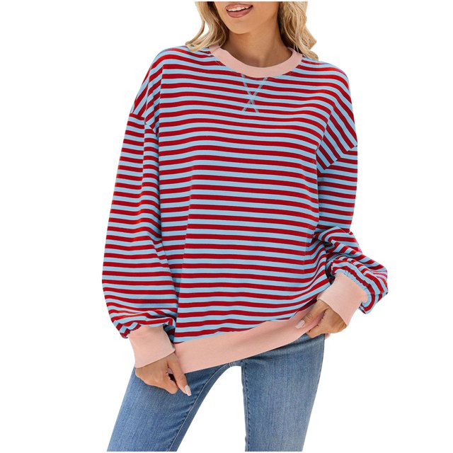 Pisexur Chandails pour Femmes 2024 Mode d'Automne à Rayures Chandails à Manches Longues pour Femmes Décontractés Amples à Col Rond Chandails Confort Chandail Surdimensionné pour Femmes Chandails à Capuchon Basiques Chandails à Enfiler