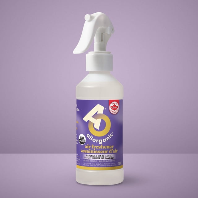 allorganic® Air Freshener, Lavender Haze in a translucent white spray bottle with a white trigger nozzle, featuring a purple label with gold and white text, USDA Organic and Made in Canada logos, a plant-based room spray using essential oils for a natural, fresh scent suitable for every room.