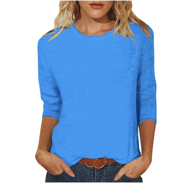 Birdeem Womens Casual Solid Color Round Neck Three Quarter Sleeve Tops Blouse