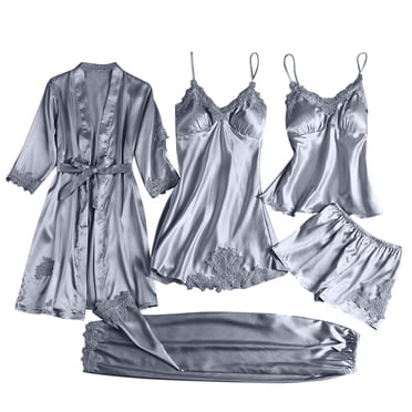 Amzcrzy Ensembles de Pyjama pour Femmes 5 Pcs Couleur Unie Ensembles de Pyjamas en Soie Peignoirs Légers Robe Camisole Shorts Pantalons Vêtements de Nuit Grande Taille Chemises de Nuit pour Femmes P-4TG