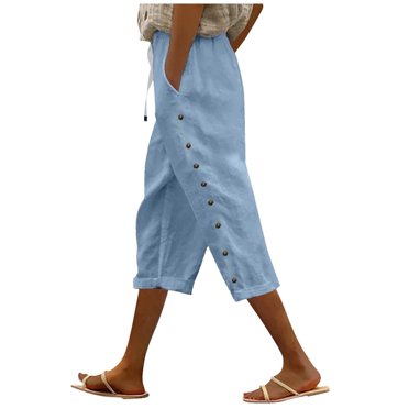 Summer Capris for Women New Women Summer Pants Casual Solid Color Drawstring Side Button Elastic Waist Linen Pockets Pants Light Blue S