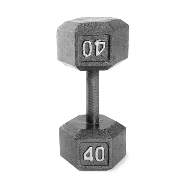 CAP Barbell Cast Iron Hex Dumbbell 40 lb with grey hexagonal cast iron heads and a cold rolled solid steel handle with medium depth knurling for secure grip, designed to prevent rolling and suitable for full body strength training.
