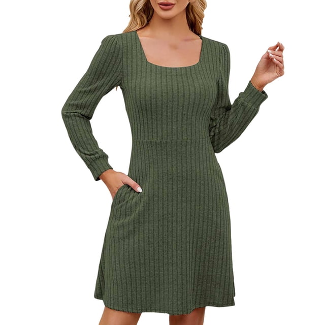 TJAZFJPA Robes Bohémiennes pour Femmes Robe Pull Tricotée avec Poches Col Carré Manches Longues Robes Sexy Noires pour Femmes Robe à Pois pour Femmes