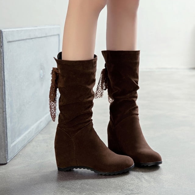 LSLJS Bottes à Talons Hauts pour Femmes Jusqu'aux Genoux, Bottes Chaudes Unies à Lacets avec Lacets pour Femmes, Bottines à Bout Rond, Bottes à Talon Compensé Haut, Chaussures, Bottes Jusqu'aux Genoux pour Femmes