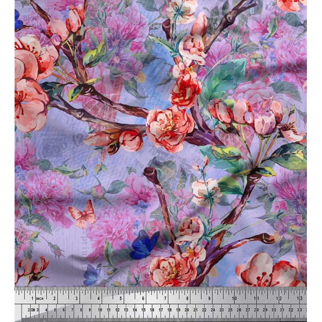 Soimoi Blue Polyester Crepe Fabric Insect,Peach & Pink Floral Printed Fabric 1 Yard 42 Inch Wide
