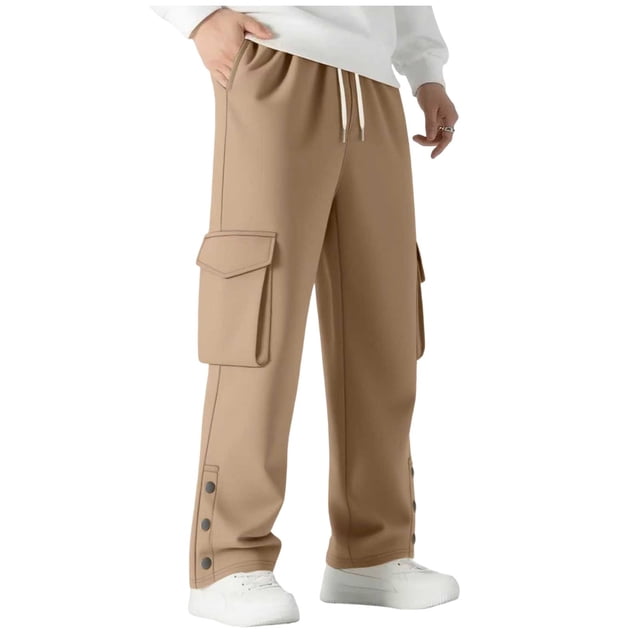 Lovzfmll Men's Solid Color Slit Hem Cargo Sweatpants, Elastic Drawstring Waist, Straight-Leg for Modern Style Khaki, L