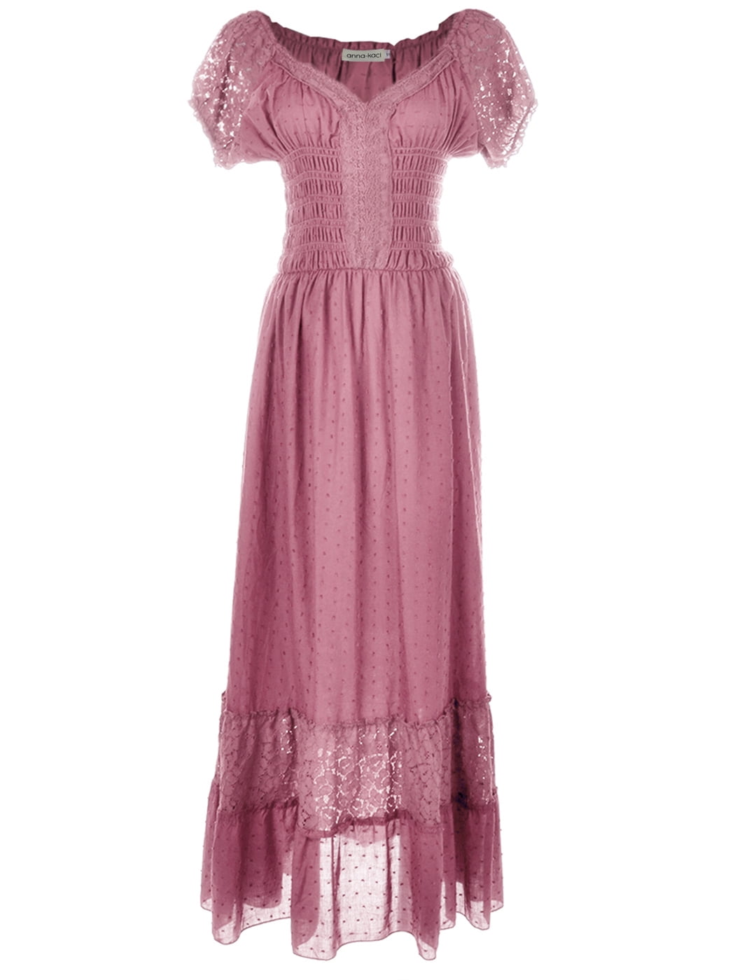 Women Renaissance Peasant Maiden Boho Inspired Cap Sleeve Lace Trim Maxi Dress, Pink, Small