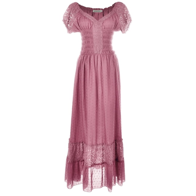 Women Renaissance Peasant Maiden Boho Inspired Cap Sleeve Lace Trim Maxi Dress, Pink, Small