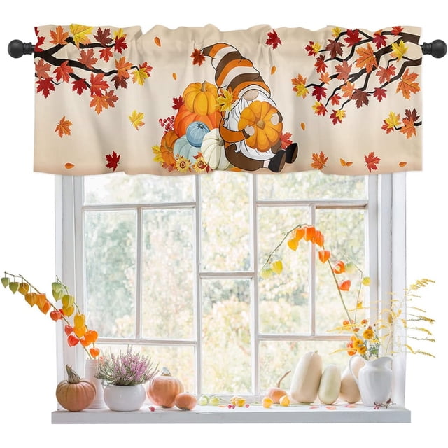 Thanksgiving Valance, Gnome Valances for Windows, Maple Leaf Kitchen Valances for Window, Kitchen Curtains 54x18in Short Curtains Rod Pocket Bathroom Curtains Window, Kitchen Window Curtains