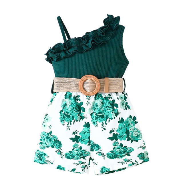 LUOGENLI Robe Fillette Tout-Petits Été Volants Sans Manches Imprimés Floraux Robe Côtelée Vêtements Robe pour Filles Tendance Été Longueur Genou Vert 2-3 Ans