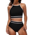 thumbnail image 1 of Penkiiy Swimsuit Set for Women 2 Piece Ribbed High Waisted Bikini Set Sporty Color Block Bathing Suits M Black, 1 of 7