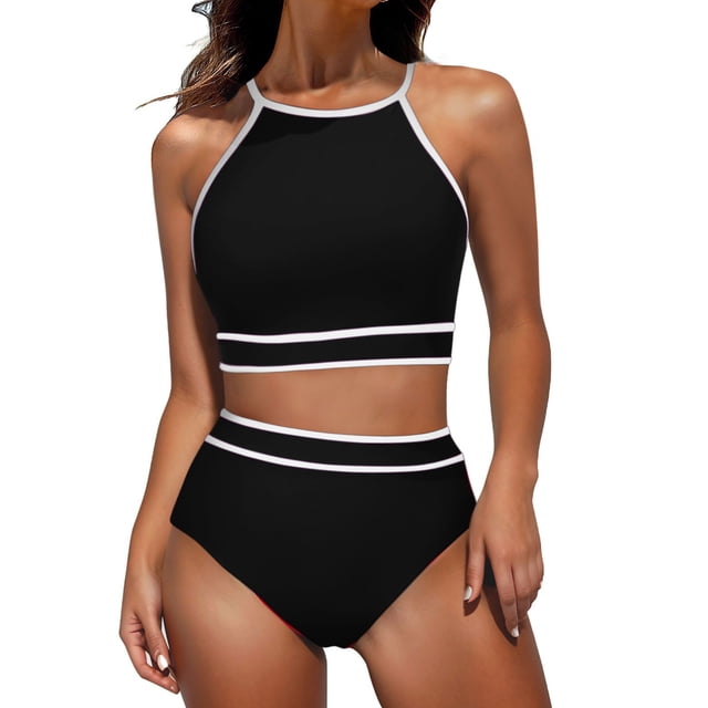 Penkiiy Swimsuit Set for Women 2 Piece Ribbed High Waisted Bikini Set Sporty Color Block Bathing Suits L Black