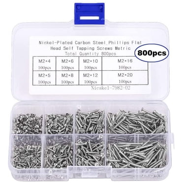 800 Pcs Vis à Bois à Tête Plate Phillips Assorties, Tailles M2 à 20 mm, Ensemble Complet de Vis Auto-Tarauantes M2