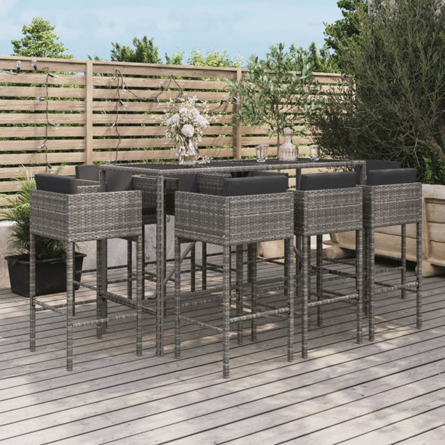 vidaXL Ensemble de Bar de Jardin 9 Pcs avec Coussins en Rotin Gris