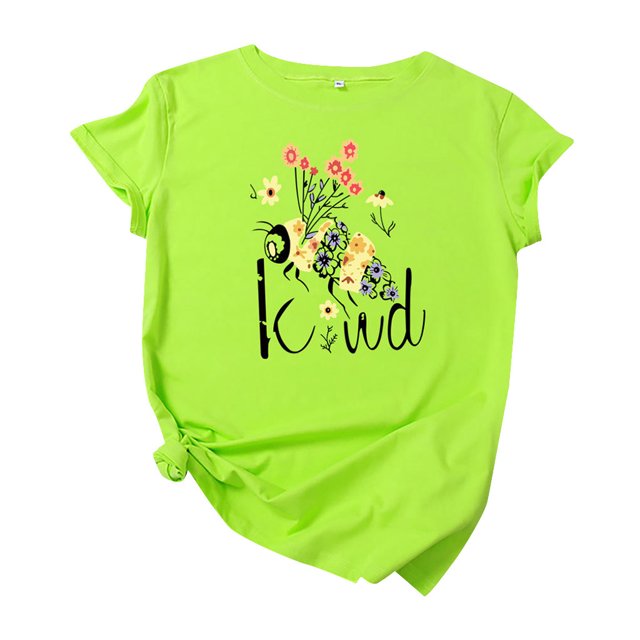 Hauts à Manches Courtes pour Femmes T-Shirt Décontracté à Motif Floral pour Enseignante T-Shirt à Manches Courtes pour Femmes Hauts pour Femmes Décontractés. un T-Shirt Vert lime à Manches Courtes Présentant un Motif Floral avec des Abeilles et le Mot « Kind » dans une Police Ludique. Fait de polyester, Il A un Col Rond Classique et une Coupe Décontractée, Convient à Agencer avec des jeans, des shorts Ou des leggings. Idéal pour l'Été et les occasions Décontractées.