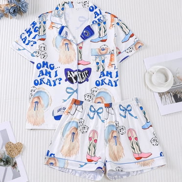Women's Pajama Sets Printed Collar Short Sleeve Loungewear with Short Pants for Home Relaxation