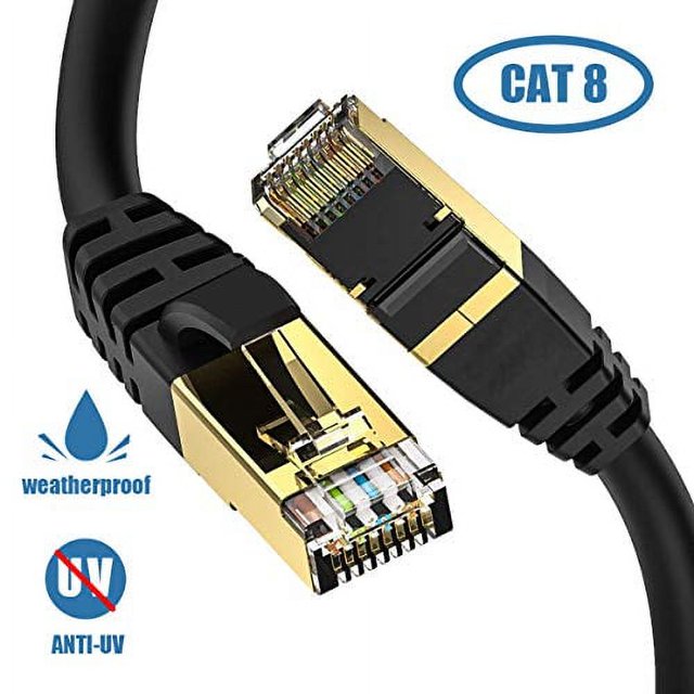 Câble Ethernet Cat8, Blindé pour Extérieur&Intérieur, Câble LAN Cat8 25 Pieds Robuste 26AWG, Résistant aux Intempéries, avec Connecteur RJ45 Plaqué Or, 40Gbps 2000Mhz Haute Vitesse pour Routeur/jeux/Xbox/caméra IP