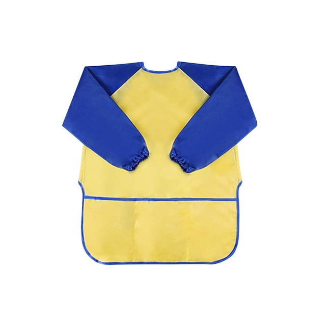 Agiferg Children Waterproof Artist Painting Aprons Long Sleeve with 3 Pockets for Age 2-6. The apron features a vibrant yellow body with contrasting blue long sleeves and trim. Made from smooth, waterproof polyester, it is BPA-free, reusable, and easy to clean. Designed with three front pockets for holding art supplies or snacks, and elastic cuffs for a secure fit. Suitable for children aged 2 to 6, ideal for painting, cooking, and other activities.