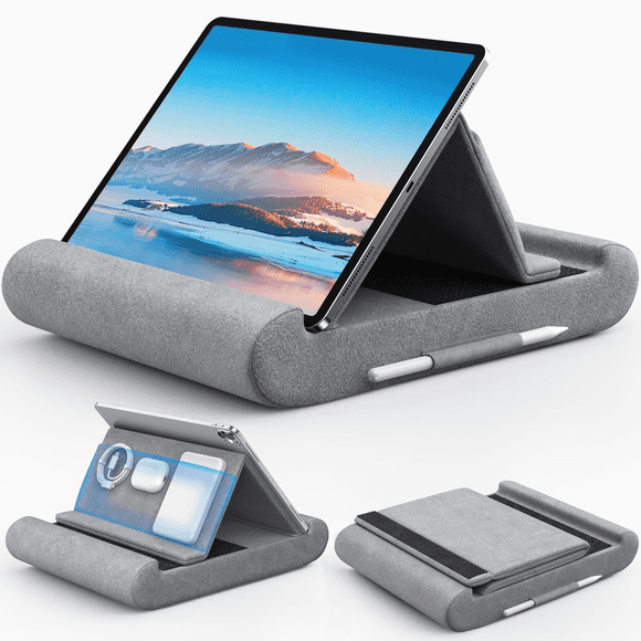 CreaDream Tablet Pillow Stand,Foldable & Soft iPad Tablet Stand with Pocket and Stylus Mount,for Lap/Desk/Bed,Grey
