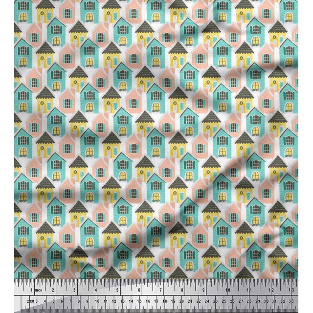 Soimoi White polyester Crepe Fabric House Architectural Print Fabric by the Yard 52 Inch Wide