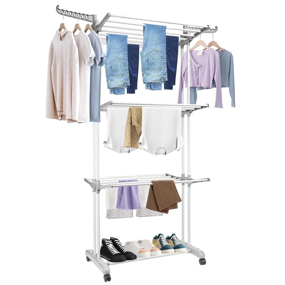 Foldable Clothes Drying Rack, Oversized 4-Tier (68.9" High) Laundry Rack Clothing Dryer, Garment Laundry Hanger Rack with 2 Side Wings and 4 Casters