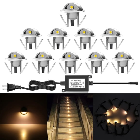 QACA 10 Pack LED Stair Lights Kit Low Voltage Waterproof IP65 Outdoor 1-2/5" Recessed Wood LED Deck Lighting Yard Garden Patio Step Landscape Pathway Decor Lamps, Warm White