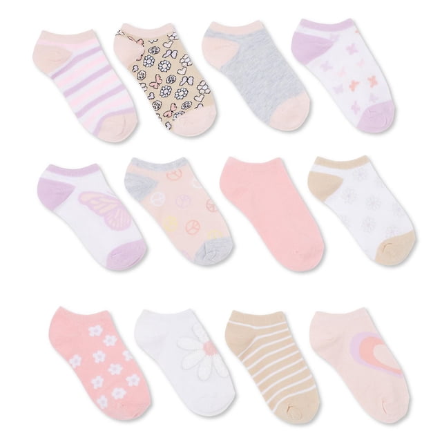 George Girls' Low-Cut Socks 12-Pack with assorted pastel low-cut socks featuring ribbed cuffs and patterns including stripes, butterflies, flowers, peace signs, and hearts, designed for everyday wear and pairing with casual or athletic sneakers.