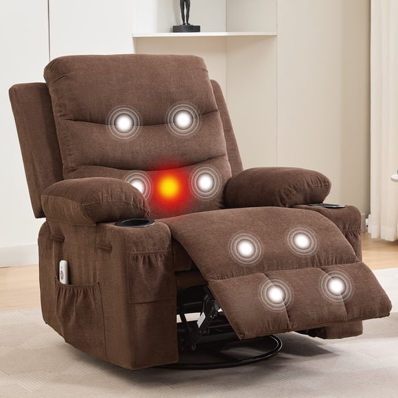 Oversized Swivel Rocker Recliner Chair with Massage & Heat, 360° Glider with Cup Holders & Side Pockets, Ergonomic Lounge Sofa for Adults, Supports 400 Lbs, Perfect for Living Room, RV, Nursery