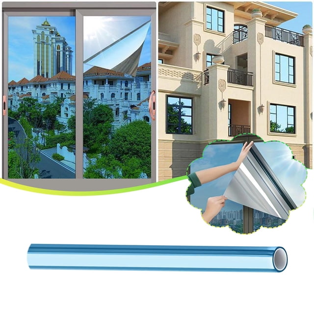 Maplenight One-Way Mirror Window Film Privacy Film, measuring 79 x 20 inches, shown in a reflective blue finish. The image highlights its sun-blocking and heat control features, with a close-up of the film being applied to a window. The film provides daytime privacy with a one-way mirror effect, while still allowing natural light to pass through. A roll of the film is displayed at the bottom, emphasizing its easy DIY installation and cling technology for adhesive-free application.
