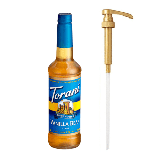 Torani Sugar-Free Vanilla Bean Flavoring Syrup in a 750 mL plastic bottle, paired with a gold squeeze pump for easy dispensing. The bottle features a blue and yellow label with the Torani logo and 'Vanilla Bean' text. Perfect for sugar-free flavoring in lattes, mocktails, and other beverages.