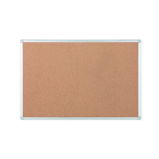MasterVision Ayda Cork Bulletin Board, 18" x 24", with a self-healing cork surface and aluminum frame featuring a four-corner mounting system for vertical or horizontal display, ideal for office and school use to post notes, photos, and reminders, also suitable for displaying training materials.